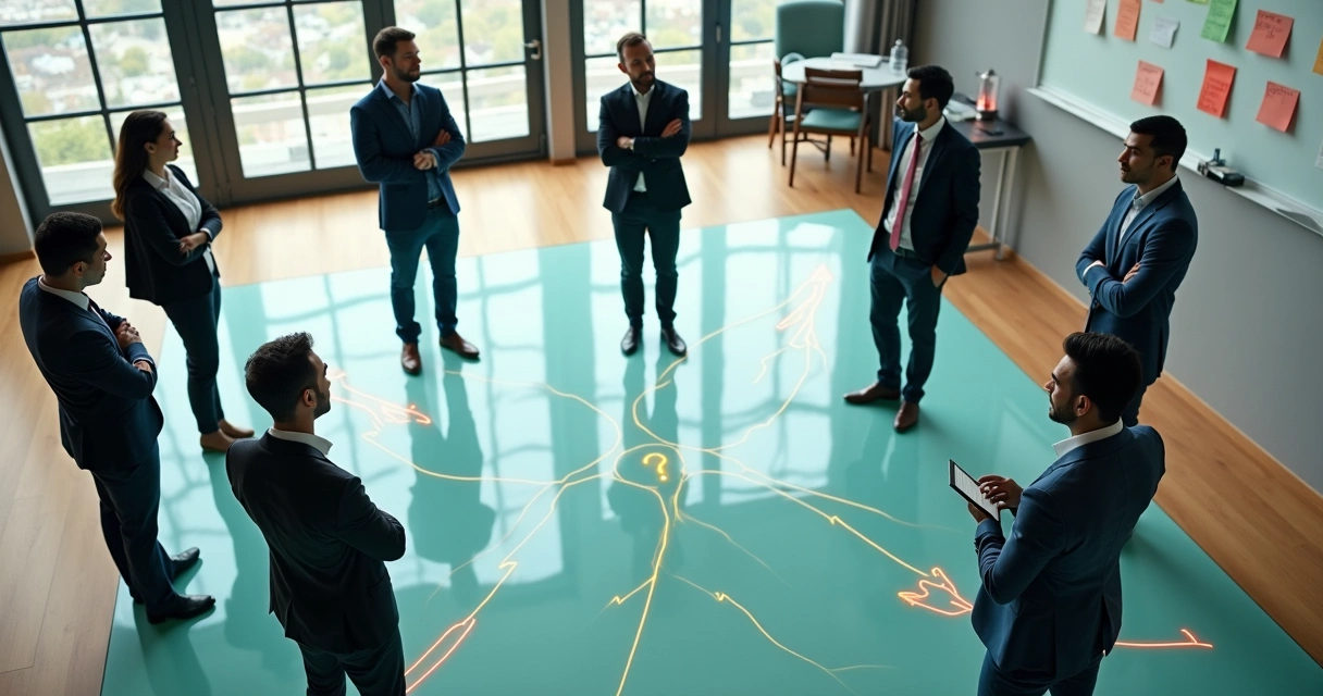 Equipe diversa vista de cima parada em encruzilhada de glass walls cuidando de uma decisão difícil 