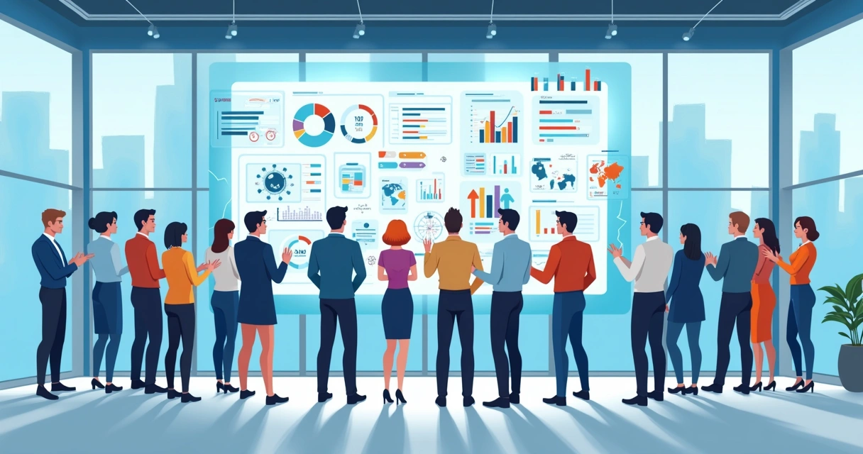 Pessoas de diferentes áreas colaborando em frente a painéis de dados com inteligência artificial 
