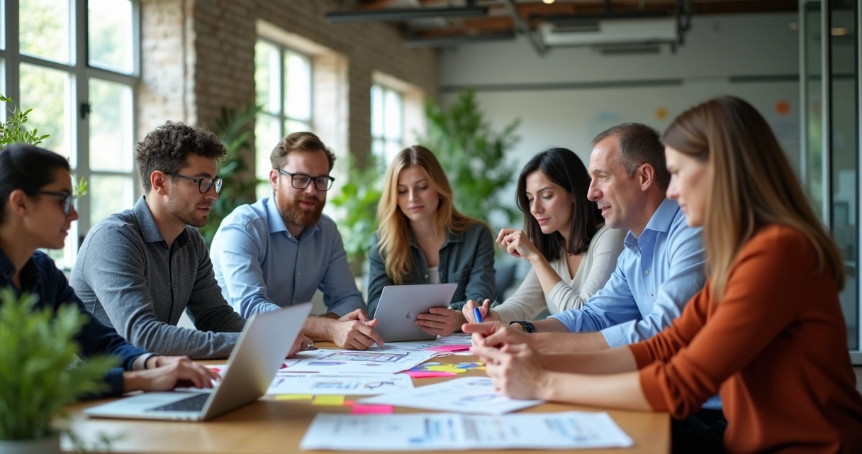 Equipe diversa reunida em escritório mostrando colaboração