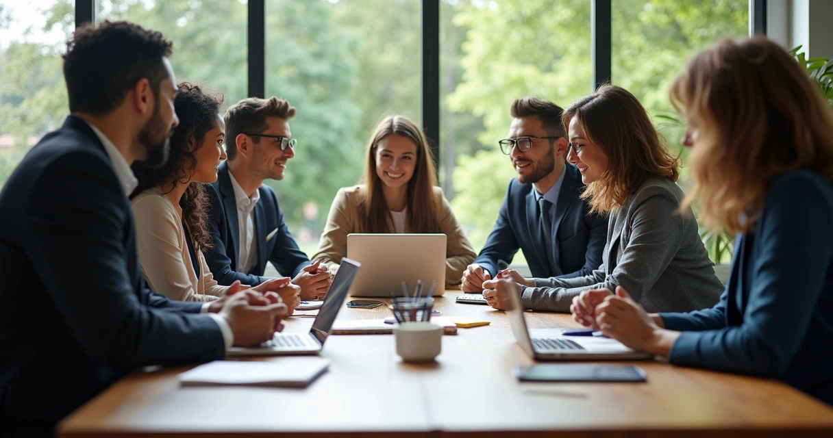 Equipe diversa reunida em escritório moderno