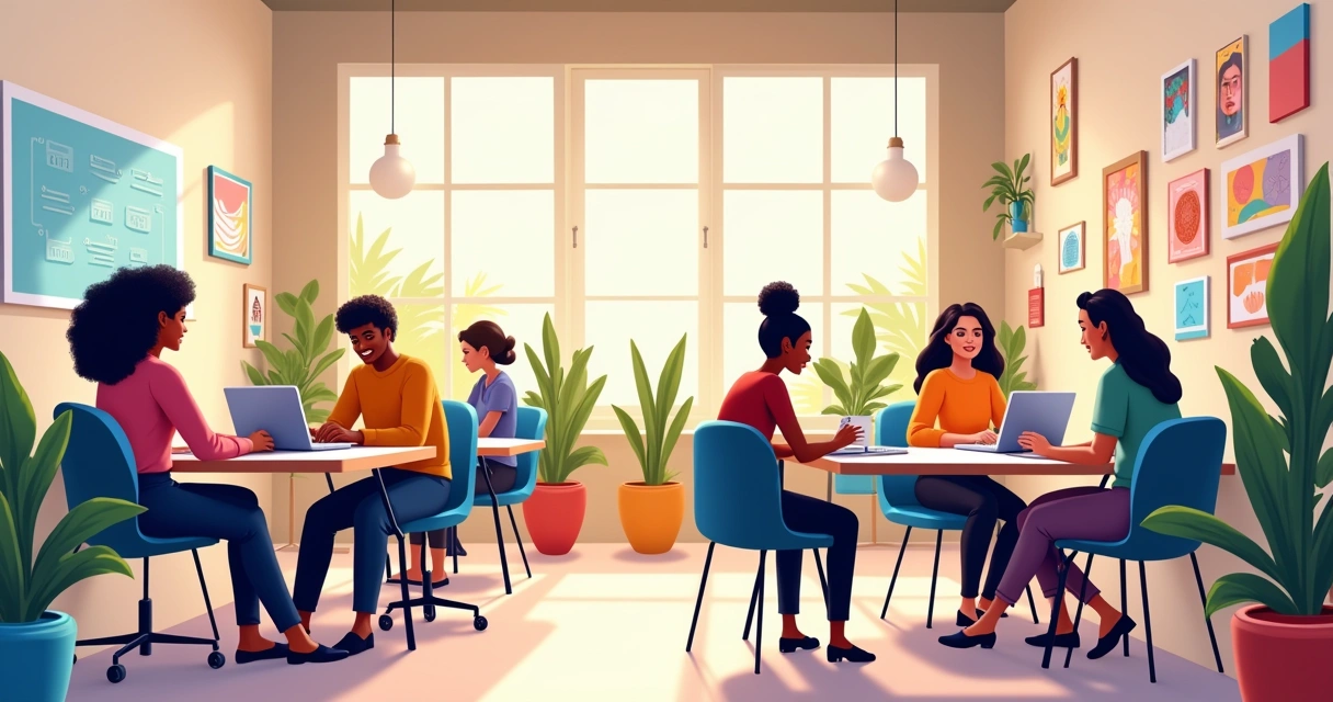 Equipe diversificada colaborando em ambiente de escritório moderno com laptops e arte inspiradora.