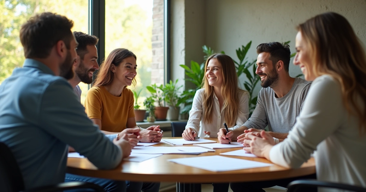 Equipe multicultural sorrindo enquanto colabora em uma reunião de negócios 