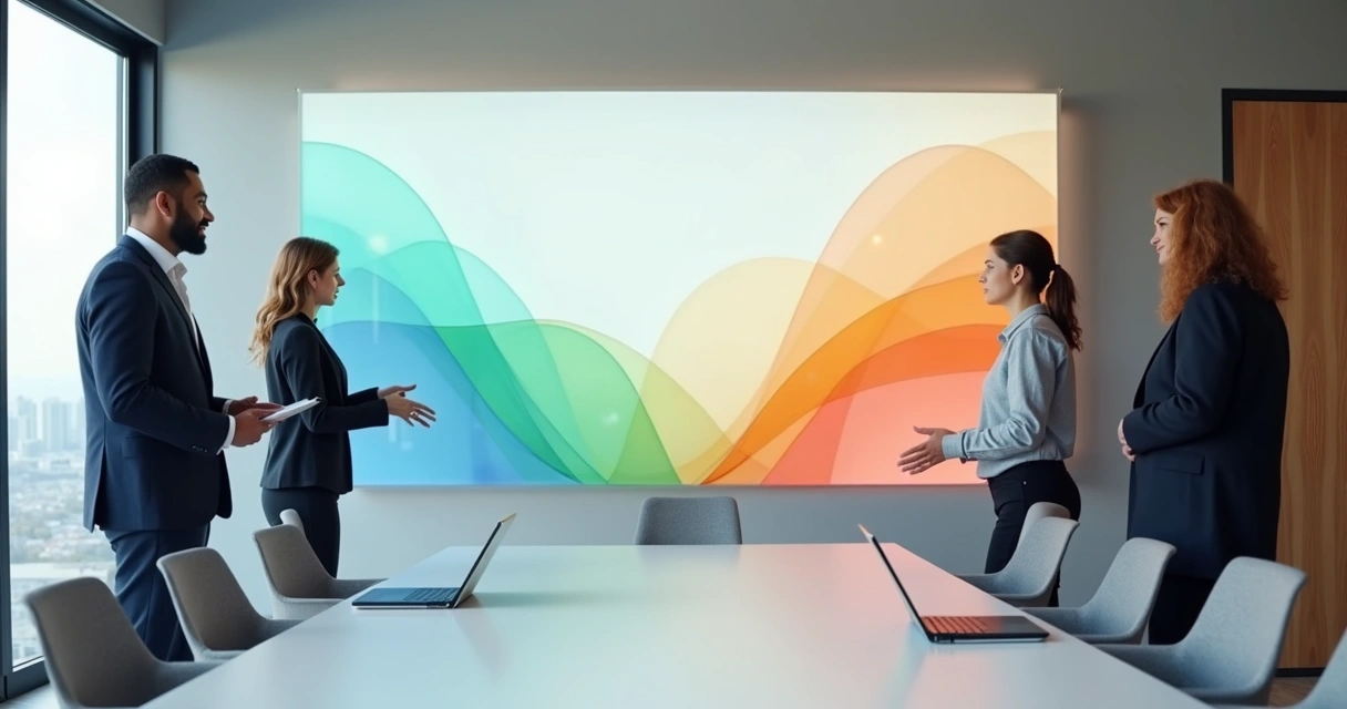 Equipe diversa alinhando fronteiras emocionais com painel translúcido colorido 