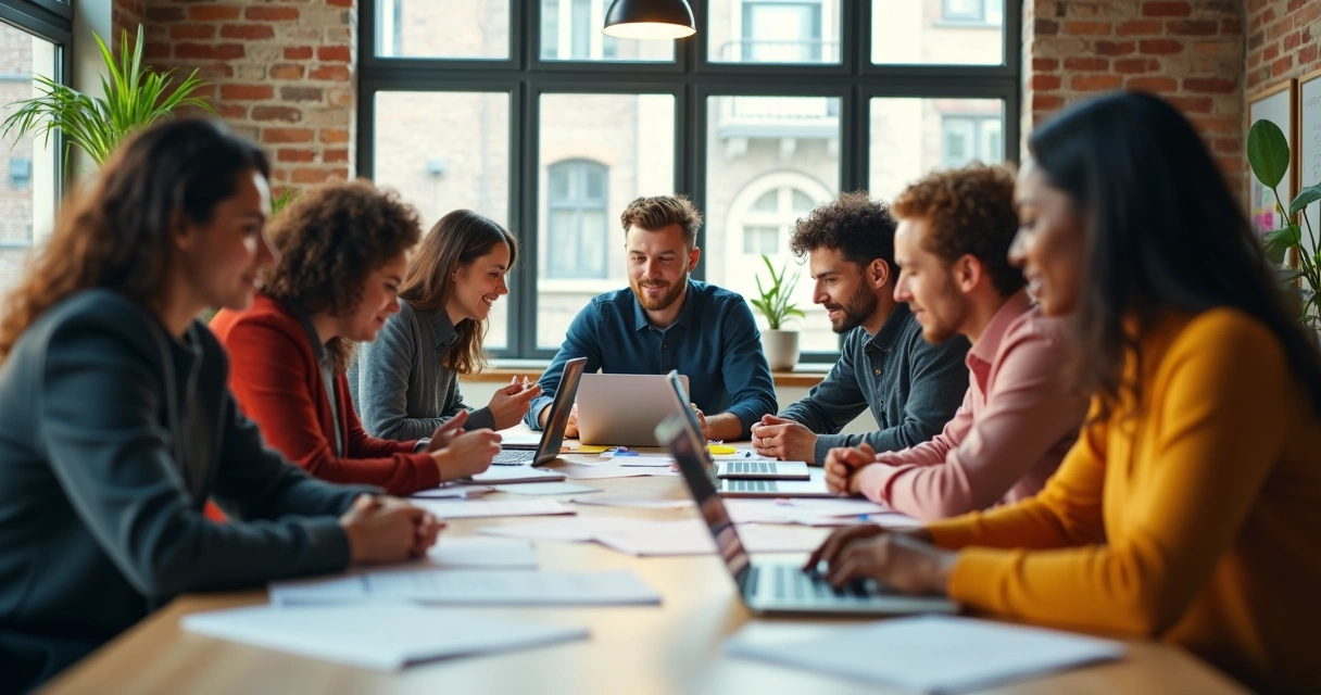 Equipe diversa reunida trocando ideias em ambiente colaborativo 