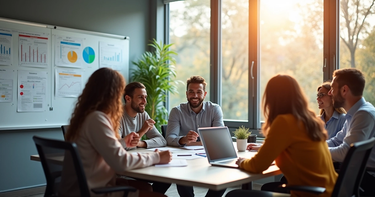 Equipe diversa reunida ao redor de uma mesa, líder guiando discussão 