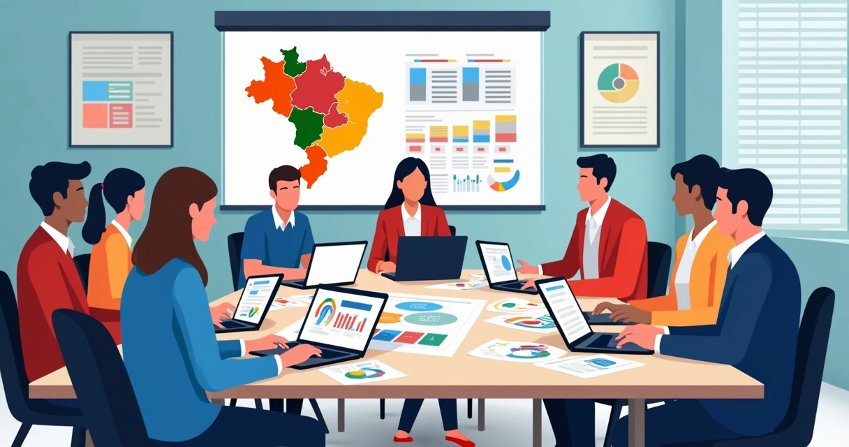 Equipe de marketing político reunida em mesa com planejamentos, computadores e gráficos coloridos 