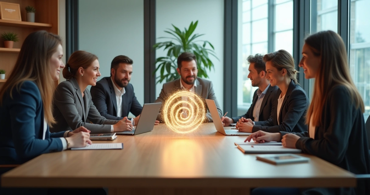 Equipe diversa reunida em mesa com espiral luminosa no centro 