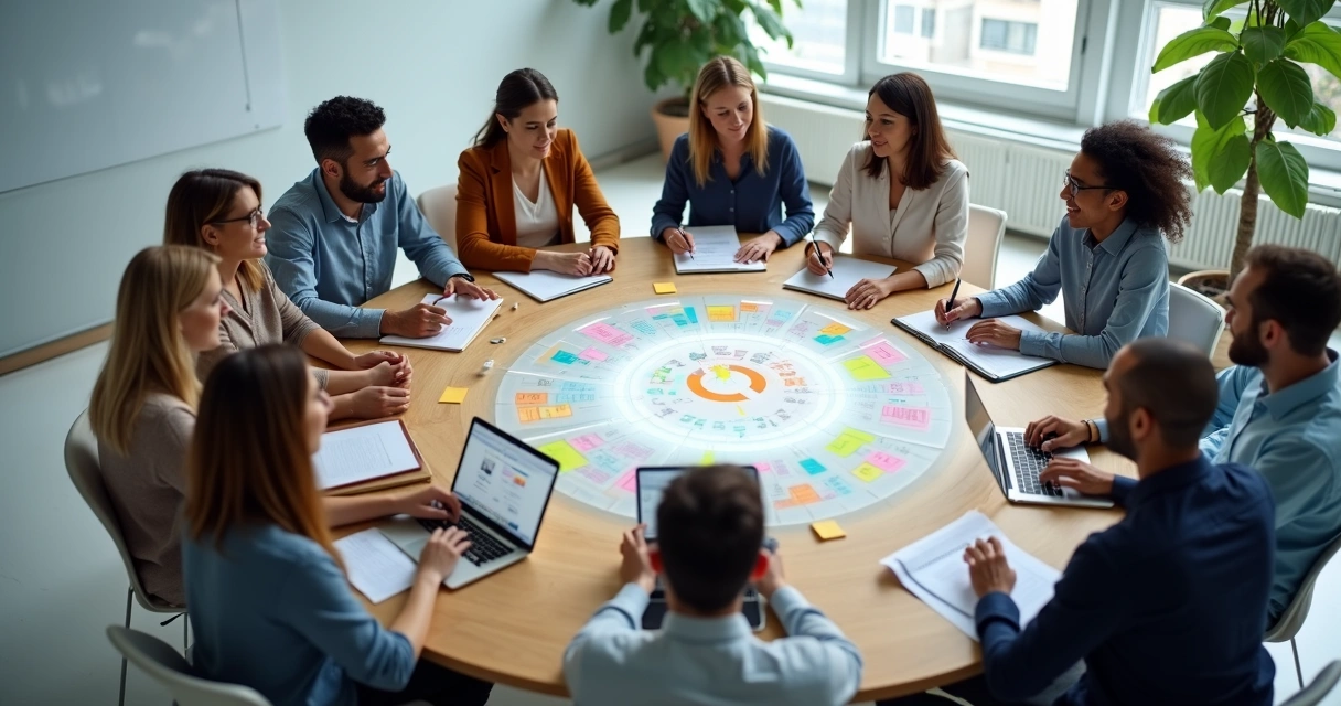 Equipe diversa em reunião ao redor de mesa redonda vista de cima 