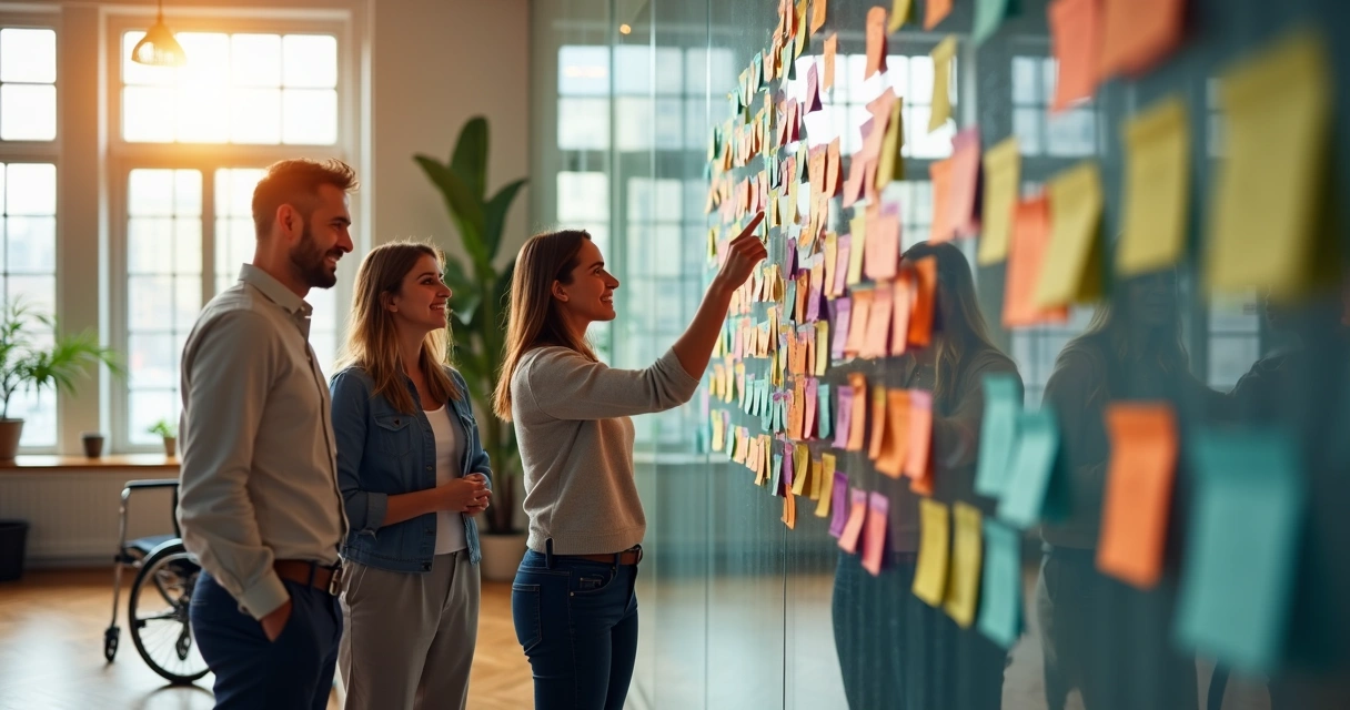 Equipe diversa colando post-its coloridos em grande mural de ideias 