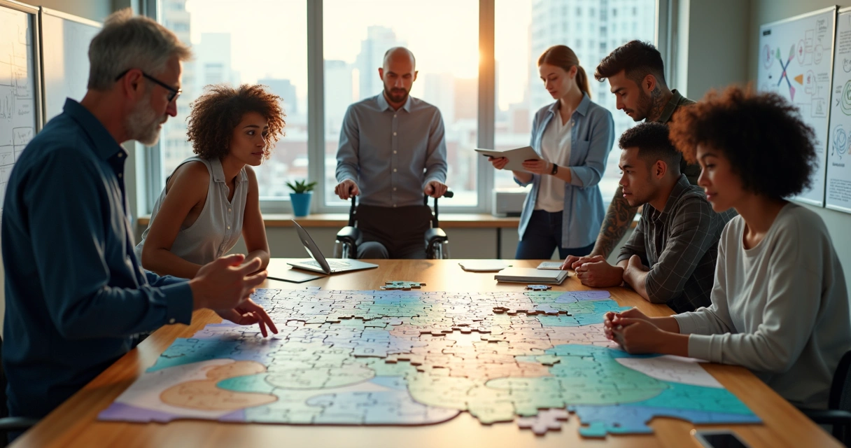Equipe diversa montando quebra-cabeça gigante no escritório 