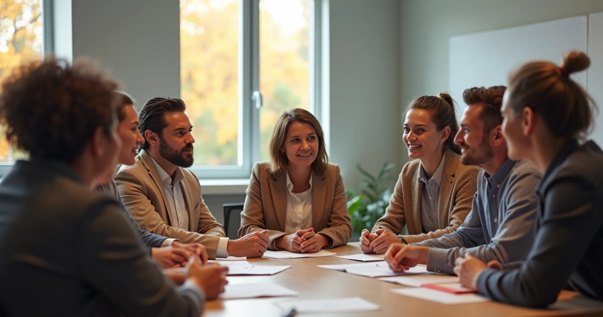 Grupo de pessoas diversas conversando de forma respeitosa em um escritório.