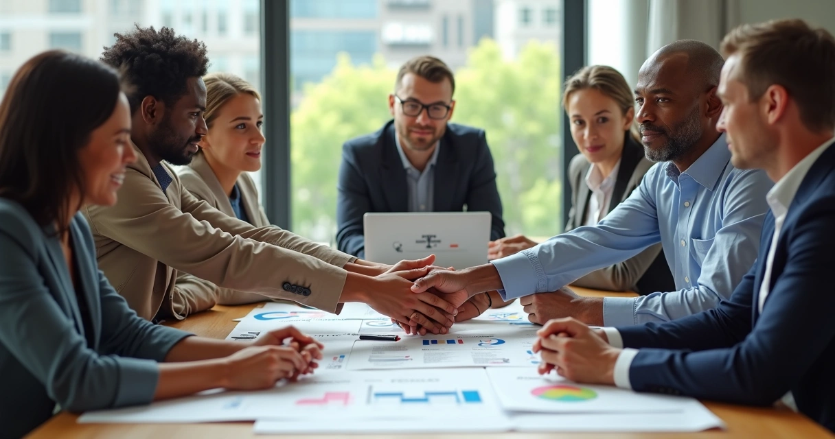 Equipe diversa unida colocando as mãos sobre a mesa em gesto de compromisso social 