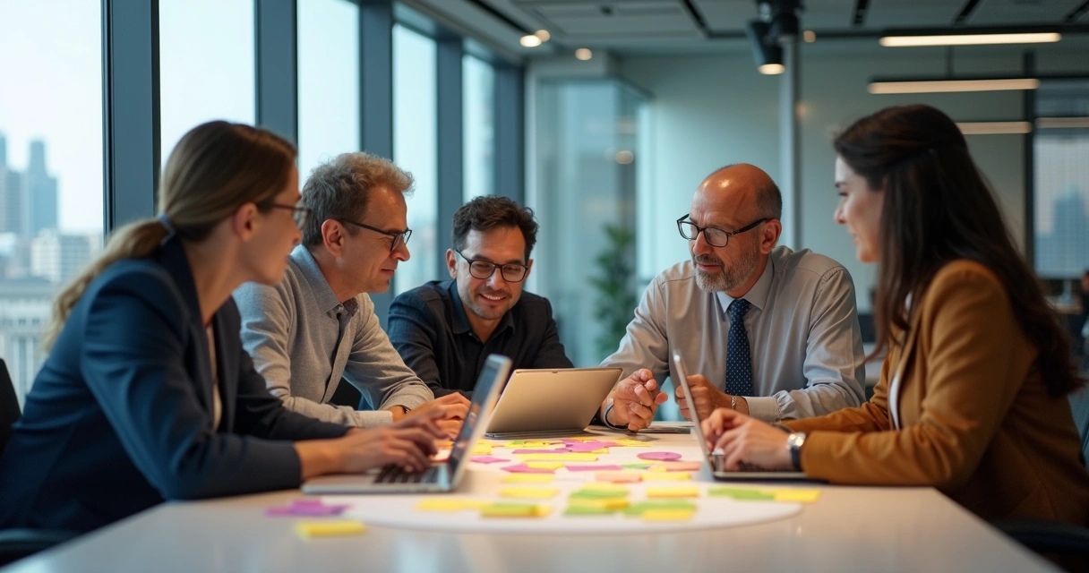 Equipe diversa reunida em sala moderna de trabalho 
