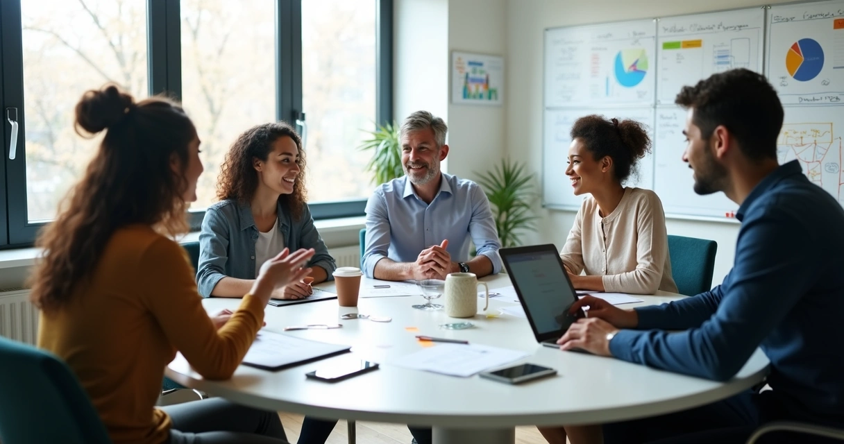 Equipe de pessoas diversas sentadas em mesa redonda em reunião de integração 