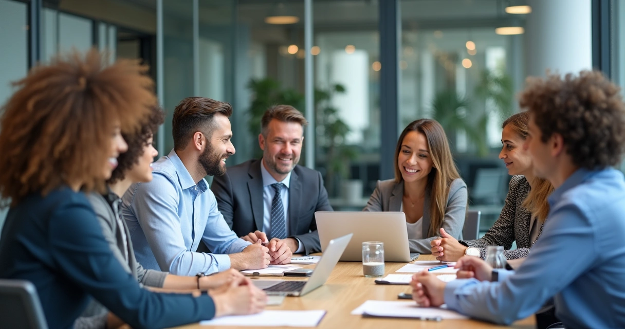 Equipe diversa, incluindo pessoas com diferentes idades, gêneros, e raças, reunidas em uma sala de reunião corporativa 
