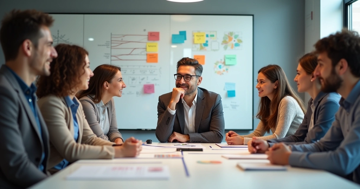 Equipe diversa reunida ao redor de uma mesa de reunião 