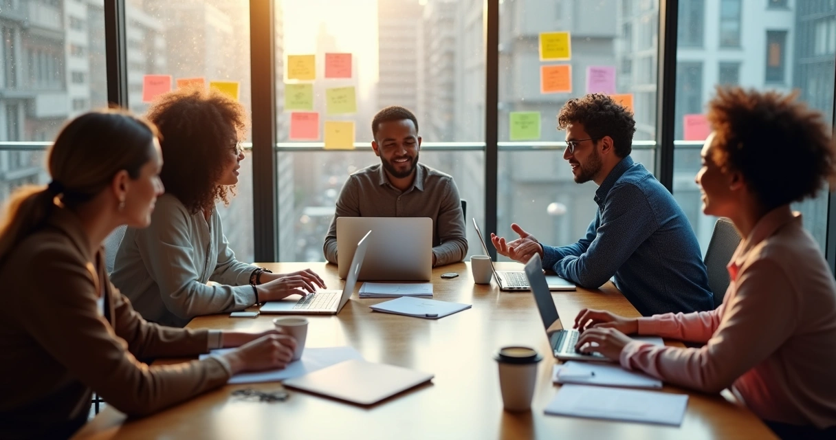 Equipe multicultural reunida em mesa de escritório 