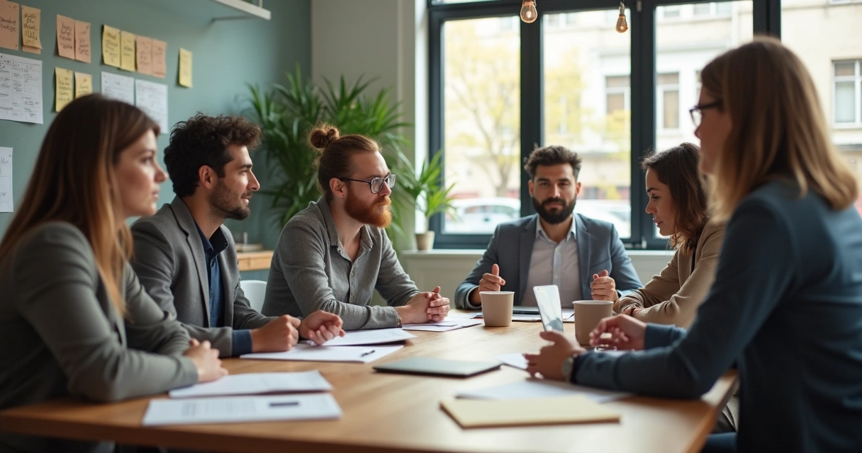 Equipe diversa em reunião corporativa, discutindo em torno de uma mesa com clima colaborativo 