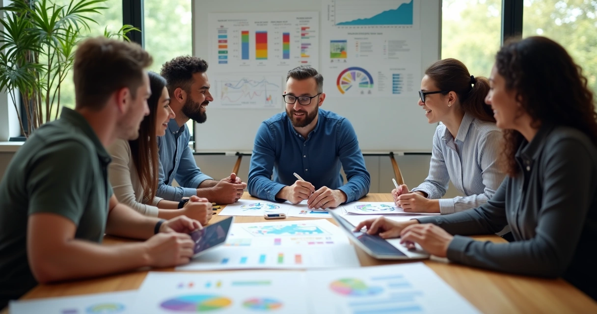 Equipe multicultural e multigeracional em mesa de reunião com tablets e gráficos 