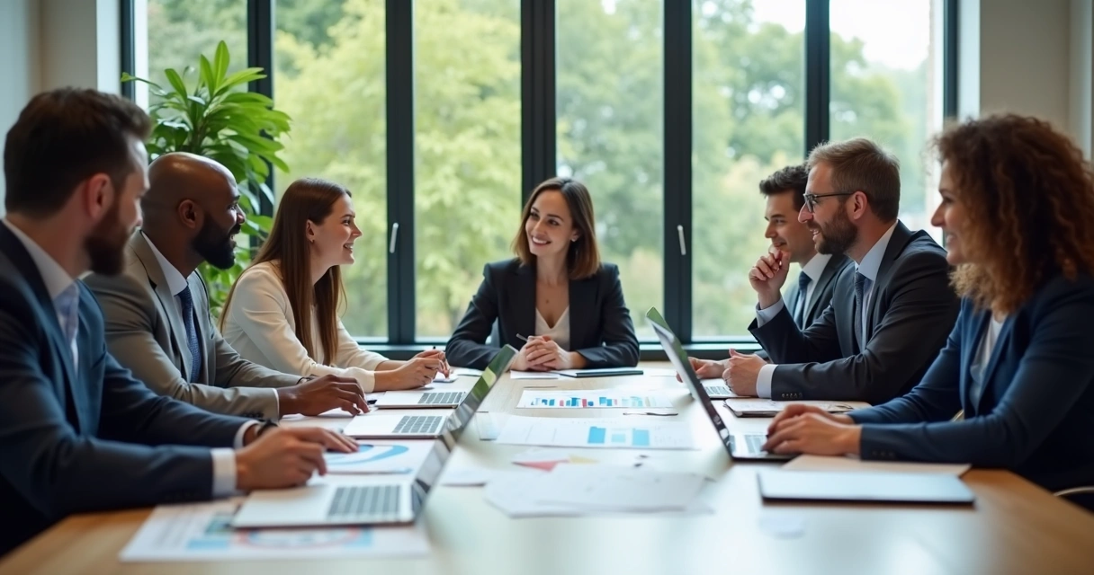 Equipe diversa de pessoas reunida numa mesa de reunião