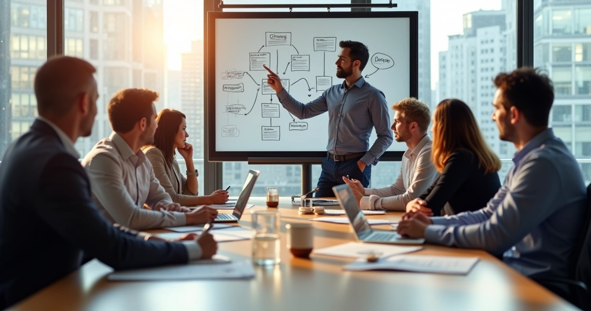 Equipe diversa reunida em mesa discutindo mudanças 