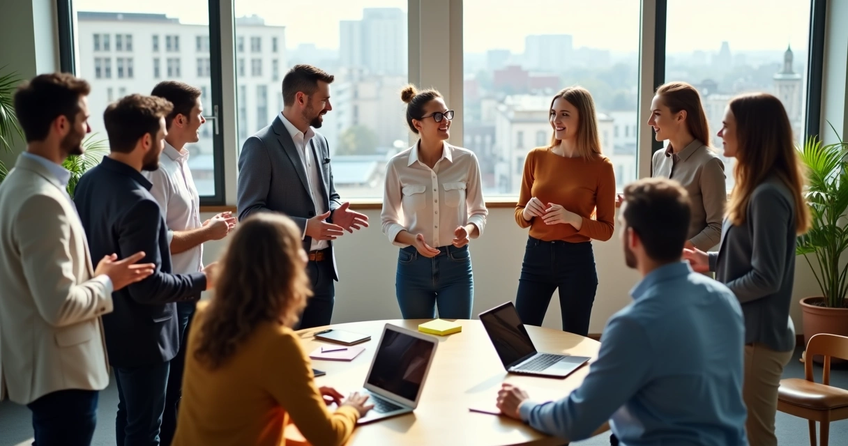Equipe diversa em círculo em sala de reunião moderna simbolizando pertencimento organizacional 