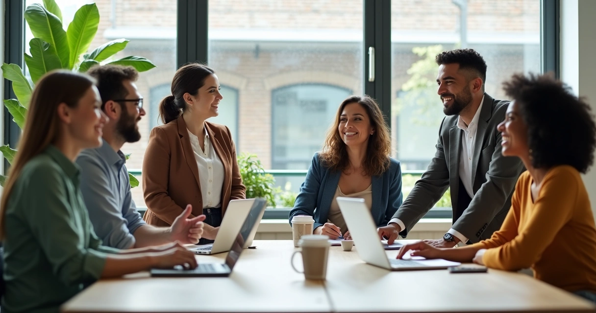 Equipe diversa de pessoas sorrindo em ambiente de escritório moderno 