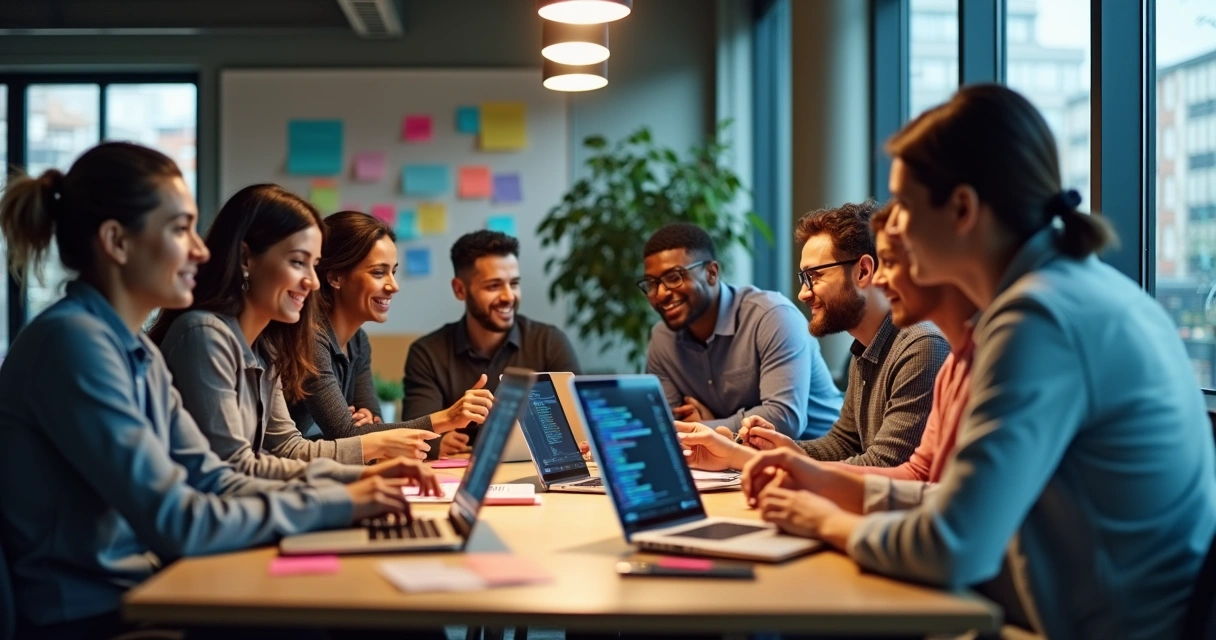 Equipe tech multicultural colaborando informalmente 