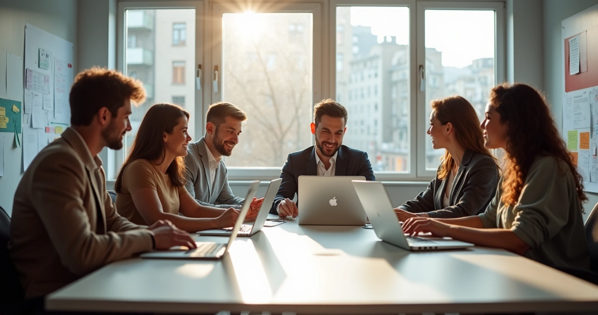 Equipe de pessoas diversas trabalhando em conjunto em uma sala de reunião