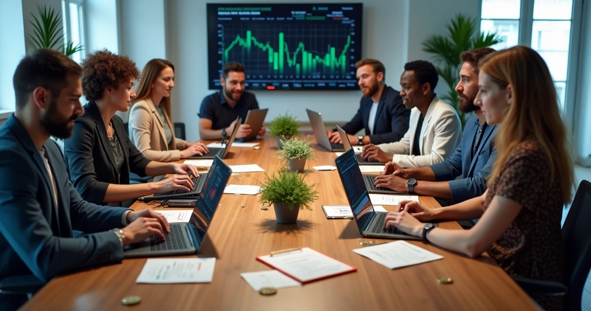 Grupo de profissionais sentados à mesa, analisando gráficos de criptomoedas em laptops e anotações