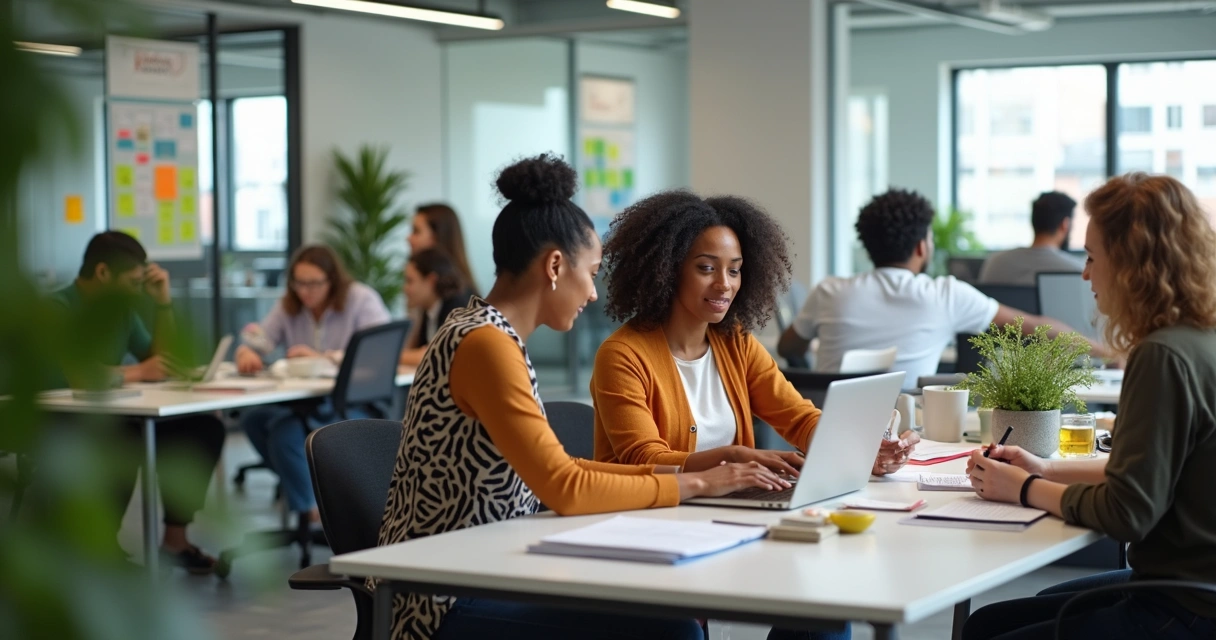 Equipe diversa colaborando em projetos de trabalho em escritório moderno.