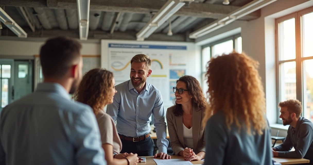 Equipe diversa de trabalho em escritório celebrando conquista olhando para um quadro de resultados 
