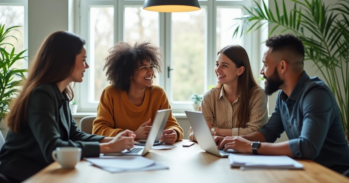 Equipe diversa sentada ao redor de uma mesa conversando