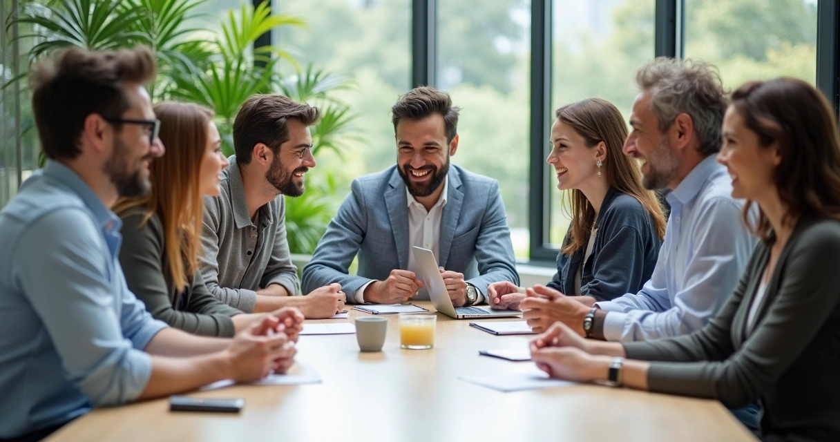 Equipe de diferentes idades e gêneros trocando ideias no escritório 