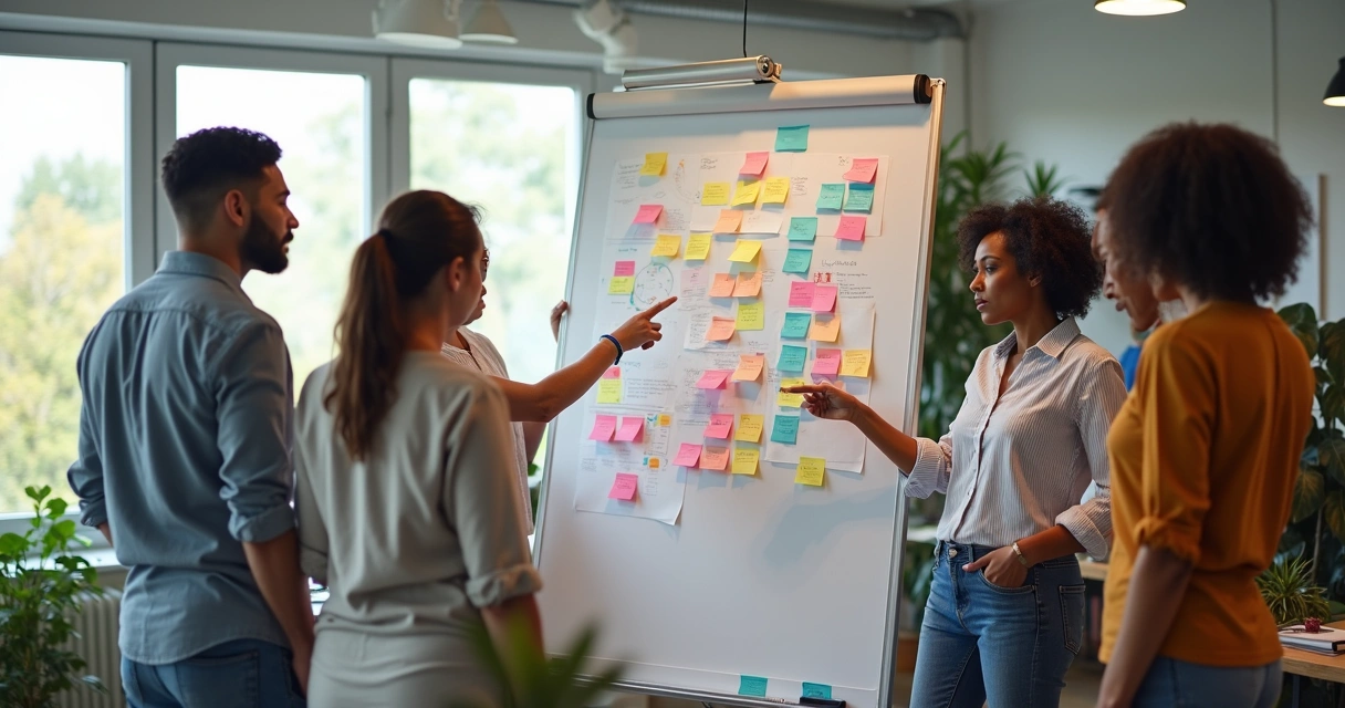 Equipe com diversidade de gênero e raça trabalhando em quadro branco