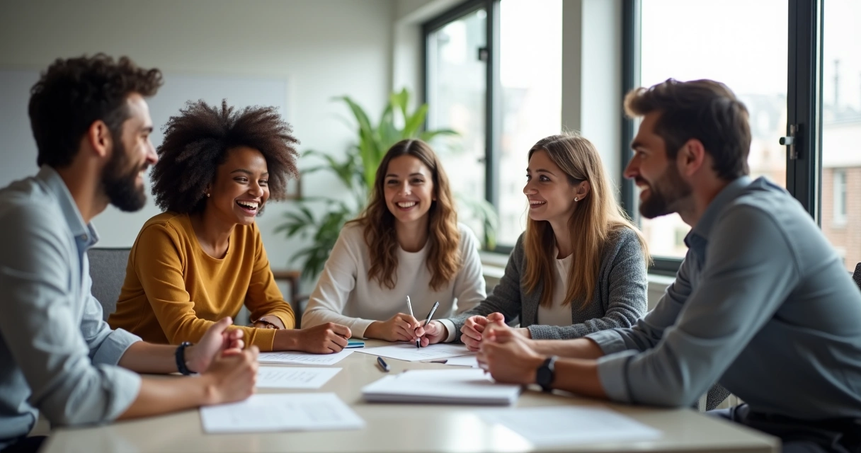 Equipe diversa em reunião, expressando confiança e colaboração 