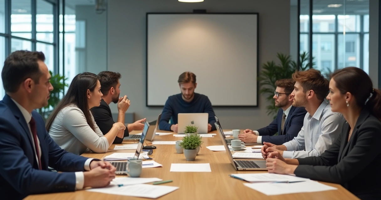 Grupo de pessoas em uma mesa de reunião com expressões diversas, algumas em desacordo