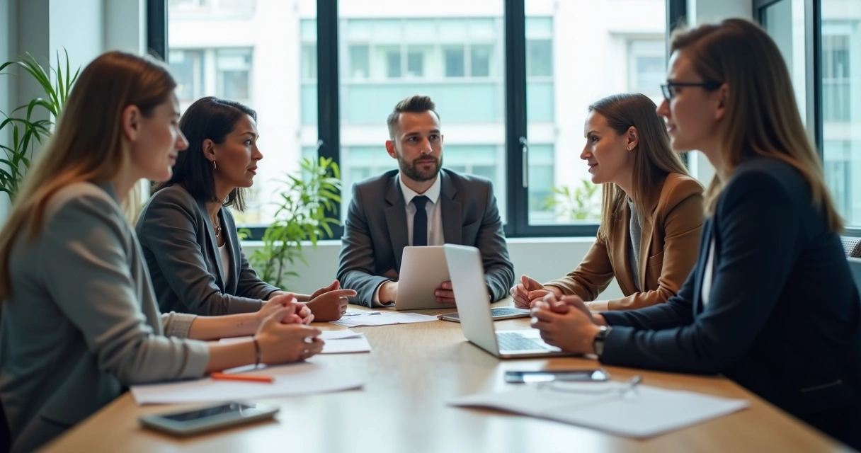 Grupo de colegas de trabalho em mesa discutindo, expressando opiniões diferentes 