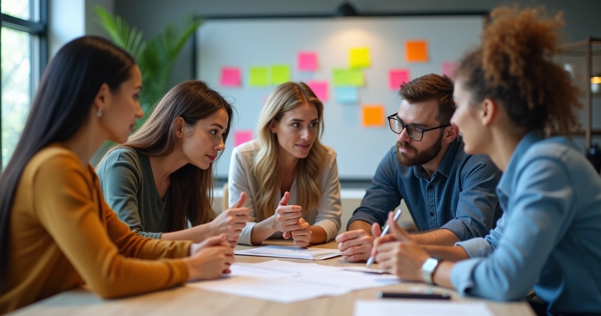 Equipe conversando com expressão séria ao redor de uma mesa destrinchando ideias divergentes 