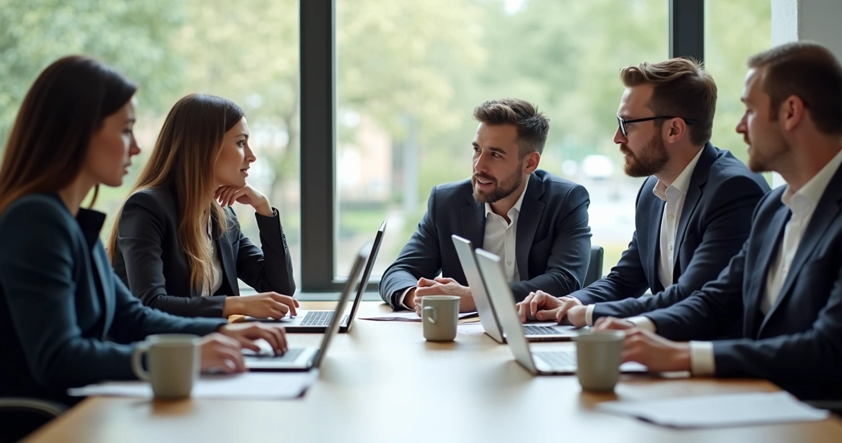 Equipe multicultural reunida, discutindo ao redor de uma mesa de trabalho 