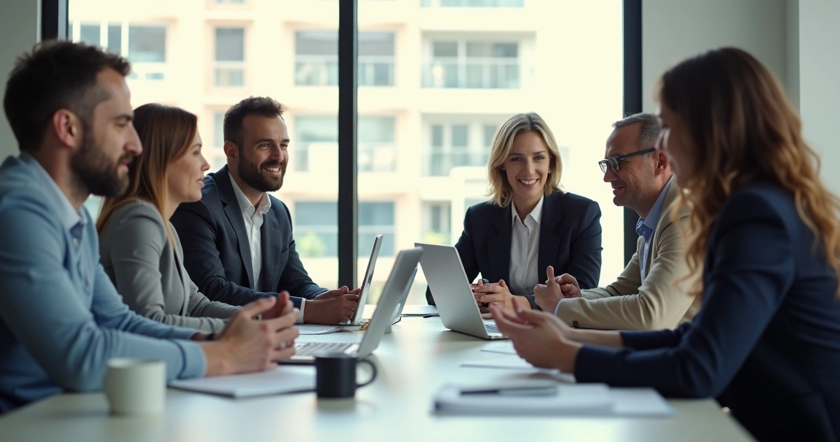 Equipe diversa sentada ao redor de uma mesa discutindo calmamente 