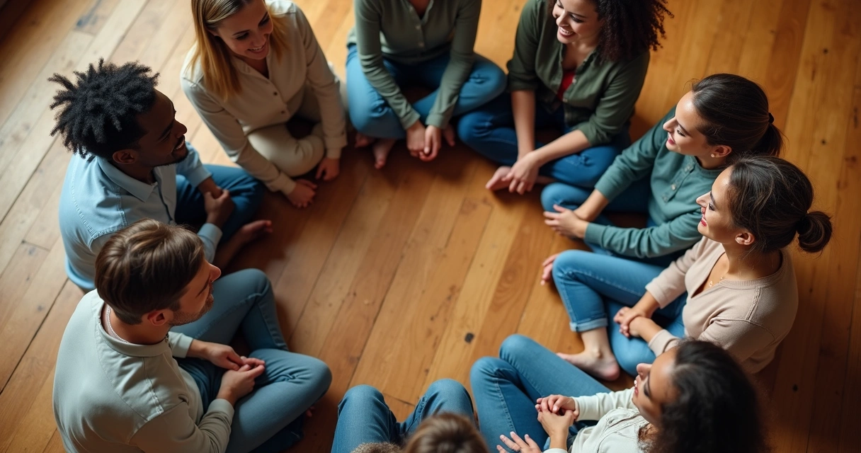 Grupo diverso de pessoas em círculo, trocando olhares de cumplicidade 