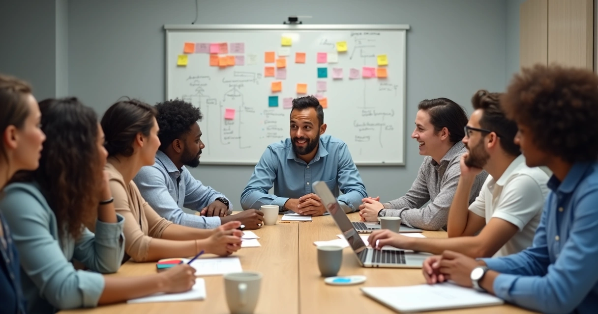 Equipe diversa reunida em mesa de reunião discutindo ideias e dando feedbacks