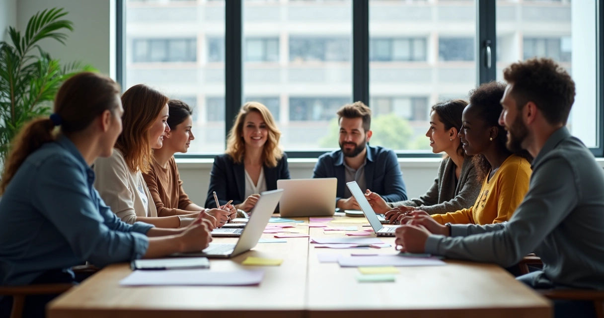 Equipe reunida em sala de reunião com diversidade de pessoas ao redor de uma mesa, interagindo com computadores e papéis 