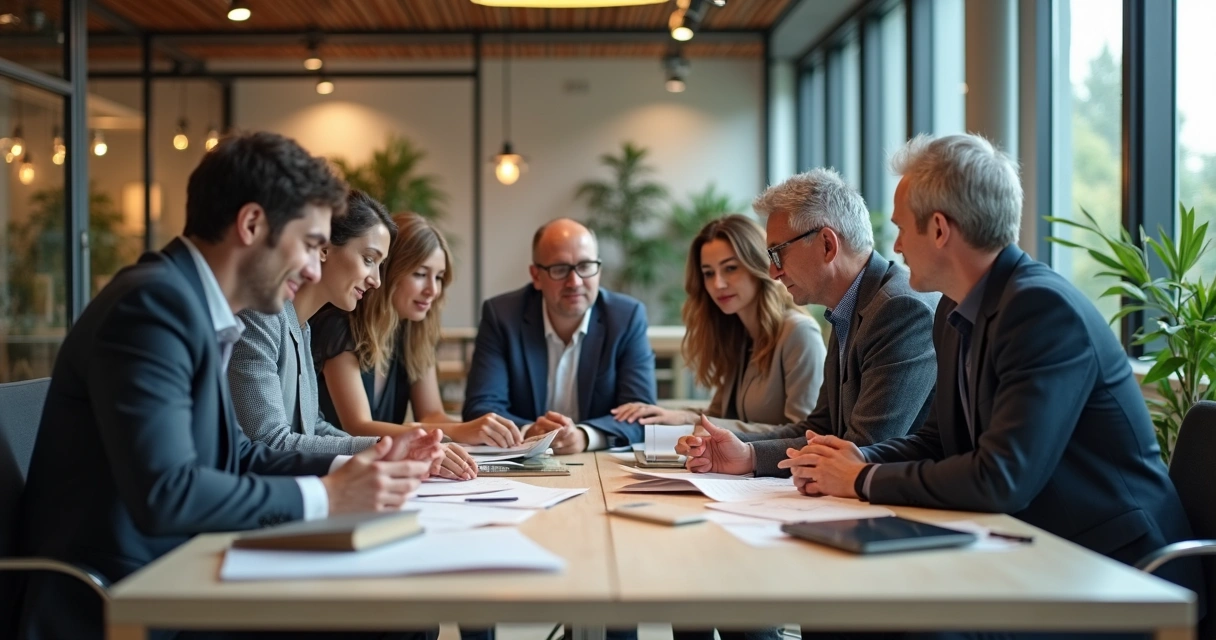 Equipe multigeracional colaborando em escritório moderno 