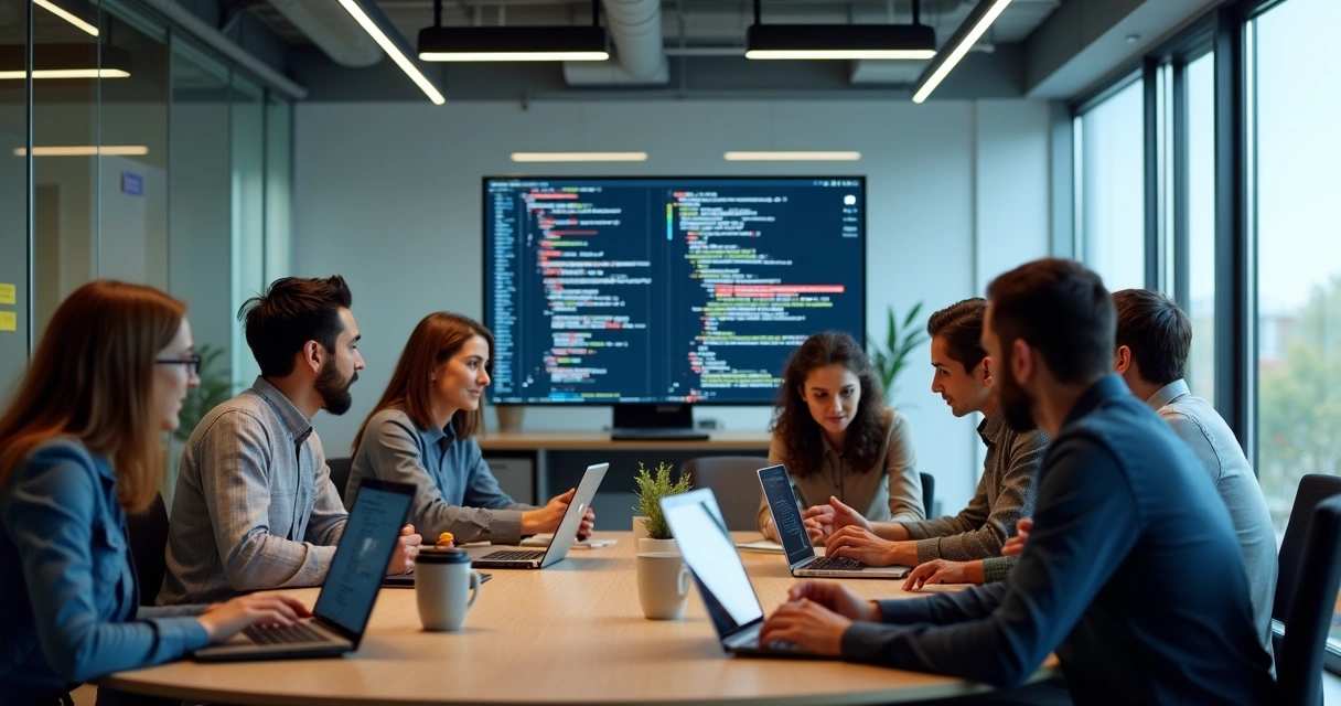Profissionais de tecnologia diversos discutindo projetos em mesa redonda 