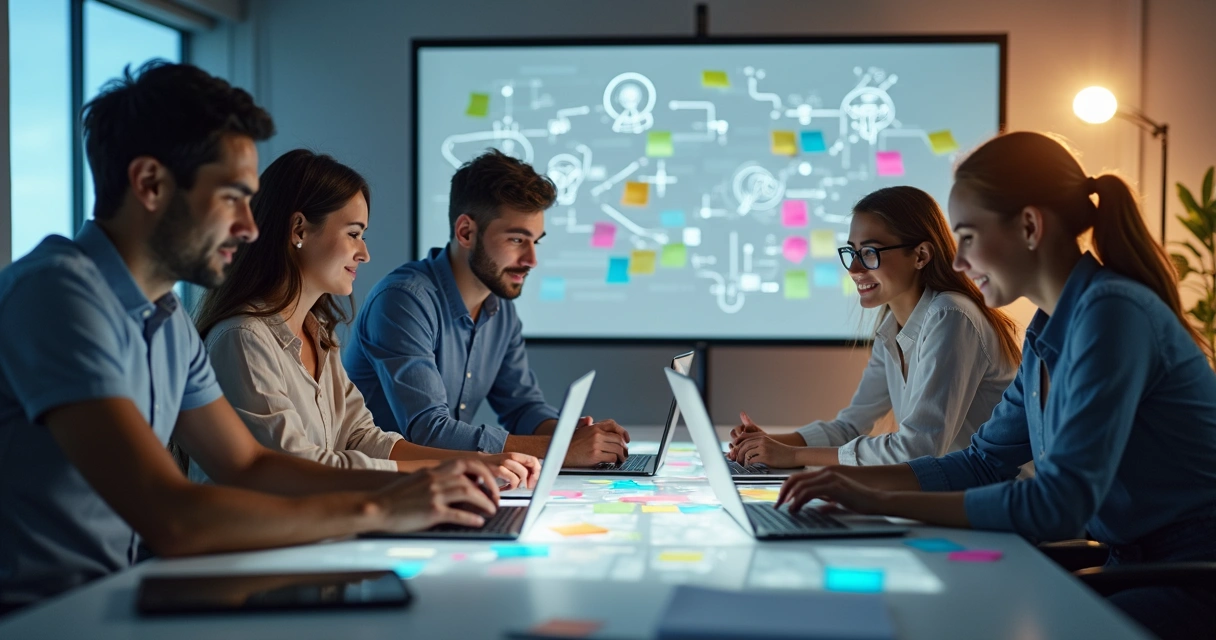 Pessoas de diferentes perfis usando computadores em uma mesa de escritório moderna 