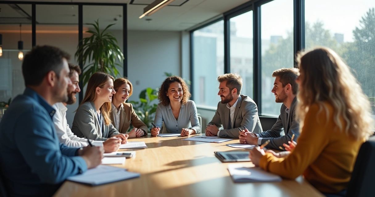 Equipe de trabalho diversa reunida ao redor de mesa, interagindo com gestos e expressões diferentes