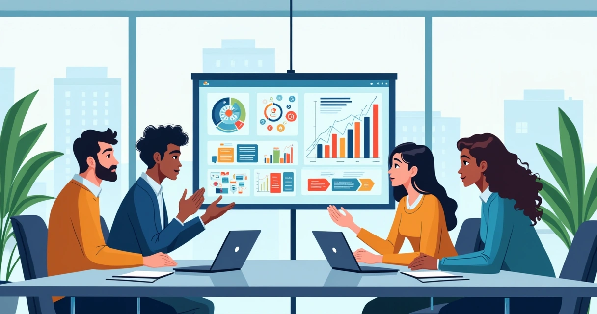 Equipe diversificada em um escritório moderno discutindo automação de processos com gráficos coloridos.
