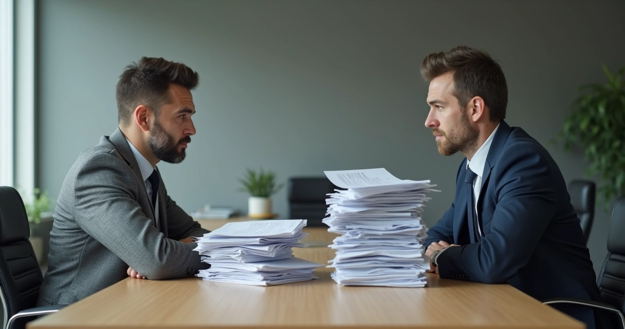 Duas pessoas em lados opostos de uma mesa, olhando documentos, expressando tensão. 